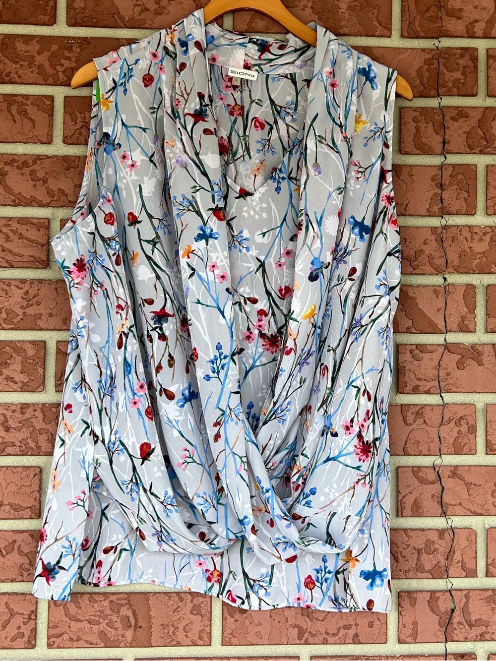 Sioni Light Blue Floral Draped Front Sleeveless Top